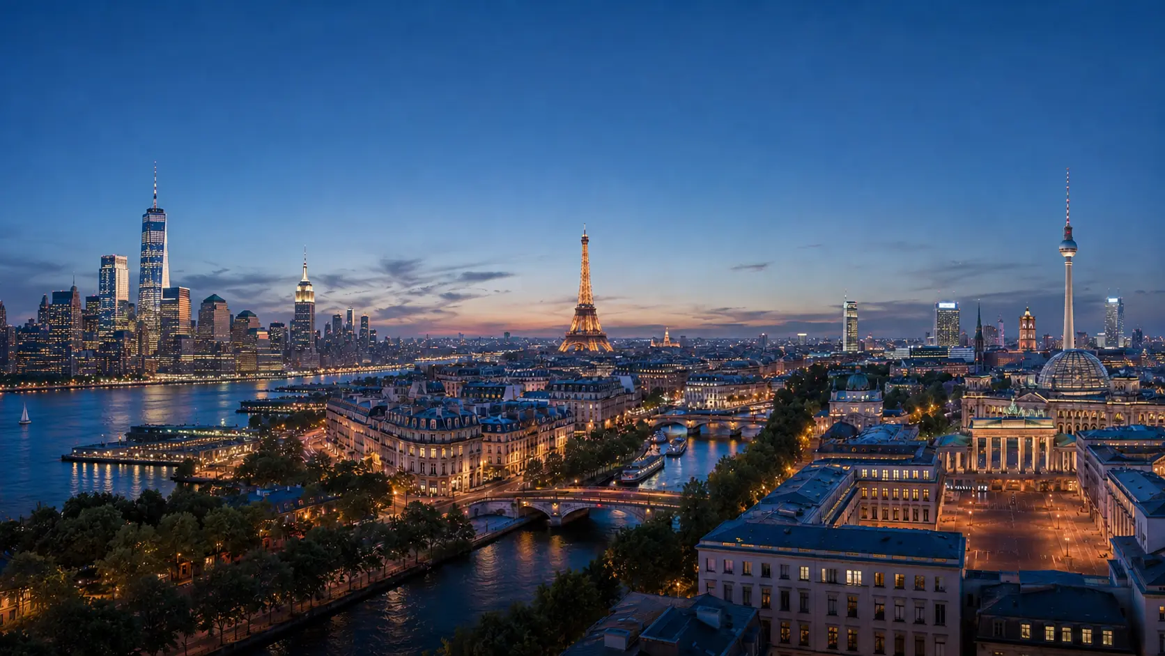 Panorama urbain au crépuscule, composé à partir de plusieurs villes